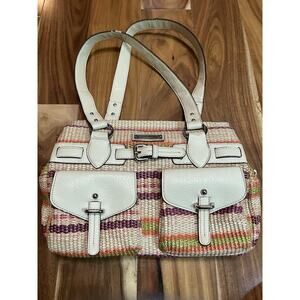 Etienne Aigner Leather & Woven Straw 3 Section Shoulder Bag Purse Multi Color